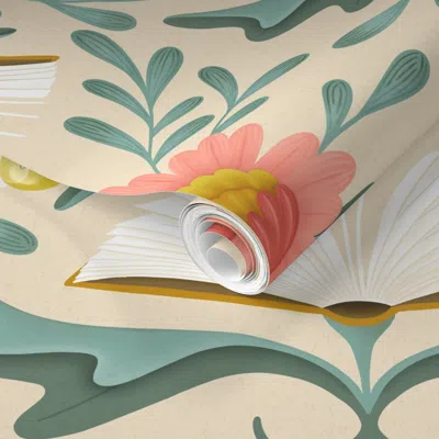 Spoonflower Pre-pasted Wallpaper (l) Books Disguised As Flowers Maximalist Folk Art Book Library Pink Teal 2' X  In Multi