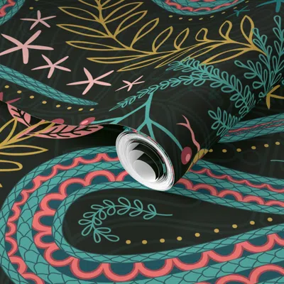 Spoonflower Pre-pasted Wallpaper (l) California Garter Snakes - Whimsical Dark Stylized Colorful Snakes 2' X 12' In Blue