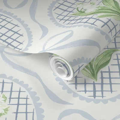 Spoonflower Pre-pasted Wallpaper (l) Cottagecore Lily Of The Valley Cameo Frames & Bows In Beacon Gray Blue 2' X
