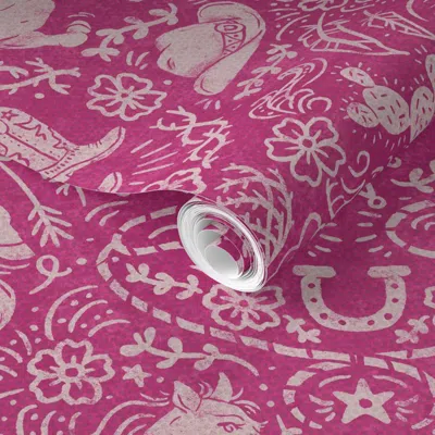 Spoonflower Pre-pasted Wallpaper (l) Cowpoke Damask - Hot Pink - Western Americana Horses 2' X 12' Removable
