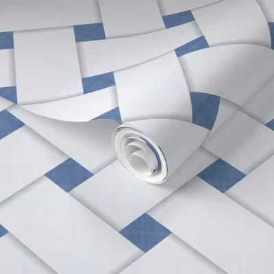 Spoonflower Pre-pasted Wallpaper L Diagonal Basketweave Coastal Blue White Diagonal Basketweave Ribbons 2' X 12'