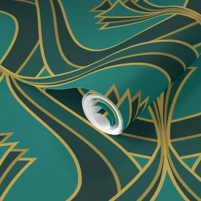 Spoonflower Pre-pasted Wallpaper L Emerald Green And Gold Art Deco Inspired - Classic Lux 2' X 12' Removable