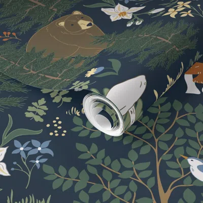 Spoonflower Pre-pasted Wallpaper (l) Forest Biome Home To Fox Bear Deer Birds Flora And Fauna In Deep Blue 2' X  In Multi