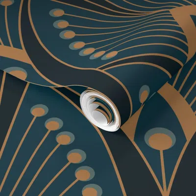 Spoonflower Pre-pasted Wallpaper (l) Geometric Art Deco Peacock Feathers Teal 2' X 12' Removable