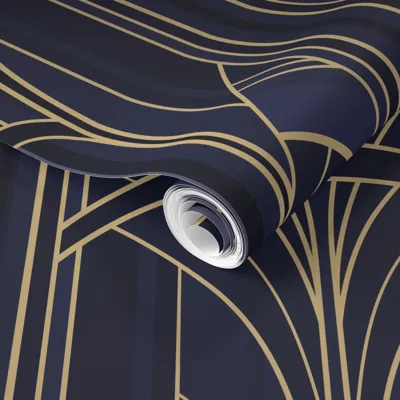 Spoonflower Pre-pasted Wallpaper (l) Golden20s Art Deco Intertwined Architectural Arcs Dark Blue Gold 2' X 12' R