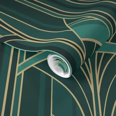 Spoonflower Pre-pasted Wallpaper (l) Golden20s Art Deco Intertwined Architectural Arcs Light Blue Gold 2' X 12' 