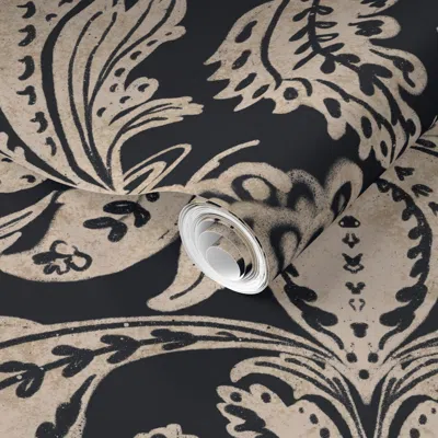 Spoonflower Pre-pasted Wallpaper L Heritage Handdrawn Victorian Damask Textured Beige On Blue Black Texture 2' X