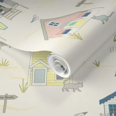 Spoonflower Pre-pasted Wallpaper (l) Island Beach Houses - Cream 2' X 12' Removable In Sand