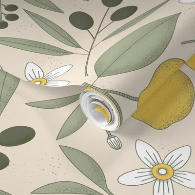 Spoonflower Pre-pasted Wallpaper L - Mediterranean Lemon Damask With Olive Branches - Italian Summer Vanilla  Re In Multi