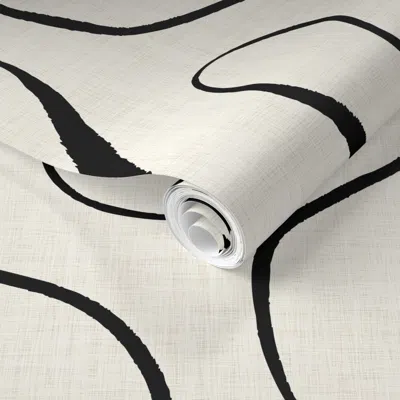 Spoonflower Pre-pasted Wallpaper L - Mid-mod Serene Flow - Black Lines On Warm Stone Linen  Removable
