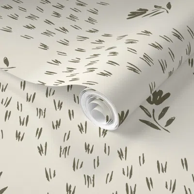 Spoonflower Pre-pasted Wallpaper L- Minimalistic Wildflowers Dark Green - Cozy Cabincore Japandi Farmhouse 2' X 