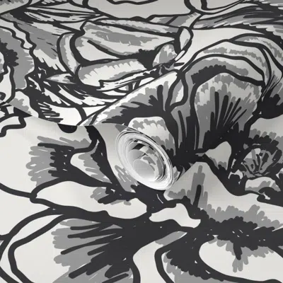 Spoonflower Pre-pasted Wallpaper (l) Monochrome Painted Neutral Black Peony Floral Line Art On Off White 2' X 12