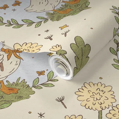 Spoonflower Pre-pasted Wallpaper (l) Spring Storybook Geese Soft Cozy Cottagecore Nursery Animals + Florals 2' X