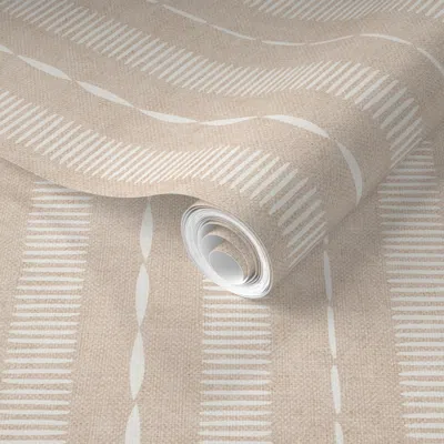 Spoonflower Pre-pasted Wallpaper (l) Stacked Stripes Sand Beige And Cloud White 2' X 12' Removable