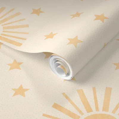 Spoonflower Pre-pasted Wallpaper (l) Suns And Stars At Random In Soft Golden Hues  Removable