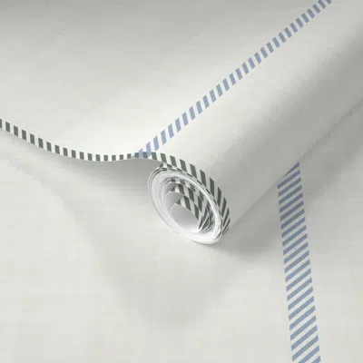 Spoonflower Pre-pasted Wallpaper L Tattersall Plaid Muted Green And Pastel Blue Stripes On Warm White Linen 2' X