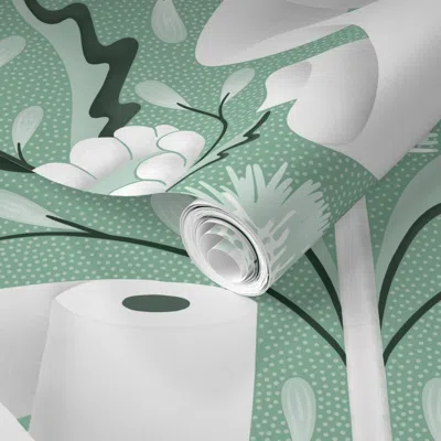 Spoonflower Pre-pasted Wallpaper (l) Toilet Aesthetics - Fresh Green Damask Toilet Paper And Toilet Brush 2' X 1