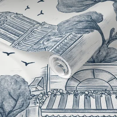 Spoonflower Pre-pasted Wallpaper (l) Travel To Paris Toile De Jouy- Dark Blue- Coffee Eiffel Tower Louvre 2' X 1
