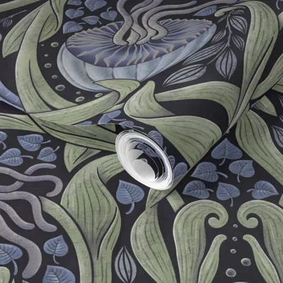 Spoonflower Pre-pasted Wallpaper L - Underwater Art Nouveau Or William Morris Swims With Jellyfish - Lilac 2' X 