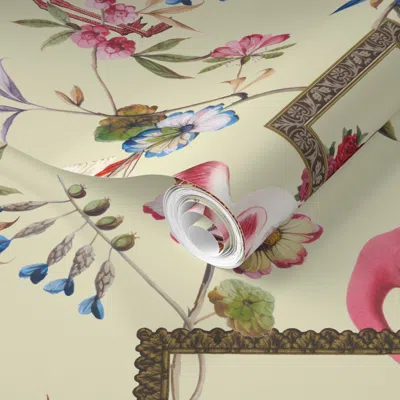 Spoonflower Pre-pasted Wallpaper L Vintage Chinoiserie Flamingo And Crane In Ornate Frames With Floral Vines  Re