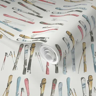 Spoonflower Pre-pasted Wallpaper (l) Watercolor Winter Snow Skis Offwhite Large Scale 2' X 12' Removable