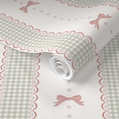 Spoonflower Pre-pasted Wallpaper Lacey Preppy Gingham Ribbons & Bows - Mint Green & Pink - Large Repeat 2' X 12' In Multi