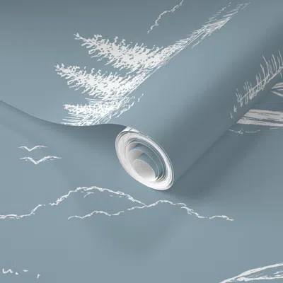 Spoonflower Pre-pasted Wallpaper Lake House  Of Water Skiers On Boat In Blue & Ivory 2' X 12' Removable