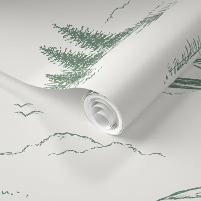 Spoonflower Pre-pasted Wallpaper Lake House  Of Water Skiers On Boat In Green & Ivory 2' X 12' Removable