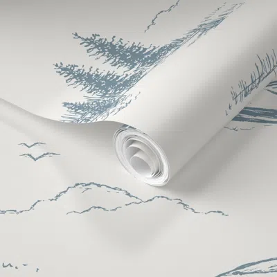 Spoonflower Pre-pasted Wallpaper Lake House  Of Water Skiers On Boat In Ivory & Blue 2' X 12' Removable