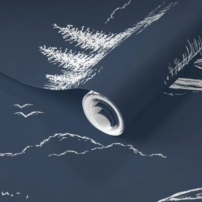 Spoonflower Pre-pasted Wallpaper Lake House  Of Water Skiers On Boat In Navy Blue 2' X 12' Removable