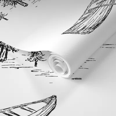 Spoonflower Pre-pasted Wallpaper Lake Life Toile In Black & White For Forest Theme Home Decor & 2' X 12' Removab In Multi