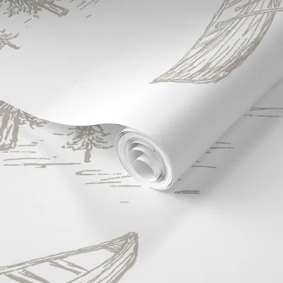Spoonflower Pre-pasted Wallpaper Lake Life Toile In Tan & White For Forest Theme Home Decor & 2' X 12' Removable