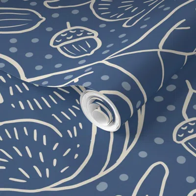 Spoonflower Pre-pasted Wallpaper Large Autumnal Acorn And Squirrel Damask - East Fork Navy Blue Ridge 2' X 12' R