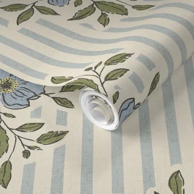 Spoonflower Pre-pasted Wallpaper Large Block Print Floral - Preppy Coastal Grandmilennial - Soft Blue Green  Rem