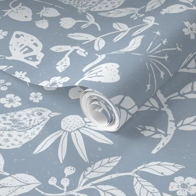 Spoonflower Pre-pasted Wallpaper (large) Block Print Textured Wren In Hedgerow Soft Blue And White 2' X 12' Remo
