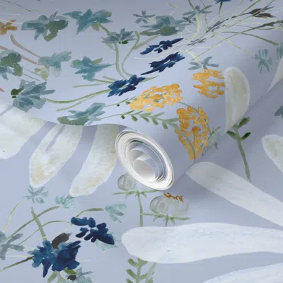 Spoonflower Pre-pasted Wallpaper Large Blue And White Daisy Flowers Navy Sky Hand Painted Girl Bedroom 2' X 12' 