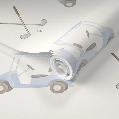 Spoonflower Pre-pasted Wallpaper Large Blue Golf Vintage Golf Cart Golf Clubs And Ball Preppy Summer Sport 2' X 