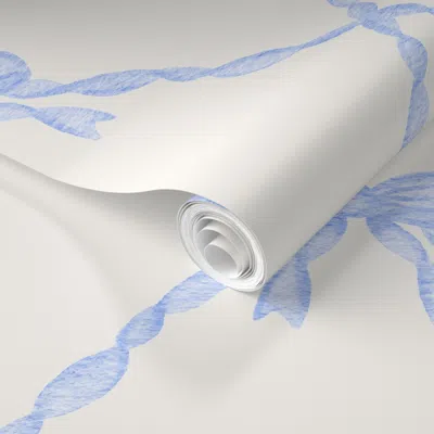 Spoonflower Pre-pasted Wallpaper Large Blue Watercolor Bow Trellis 2' X 12' Removable