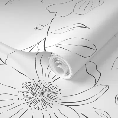 Spoonflower Pre-pasted Wallpaper Large Bohemian Cottagecore Sketched Boho Flowers - Charcoal Black And White 2' 