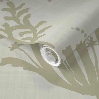 Spoonflower Pre-pasted Wallpaper Large Boho Wildflower Vertical Rows Linen Texture - Sage Green Greige Tonal 2' 