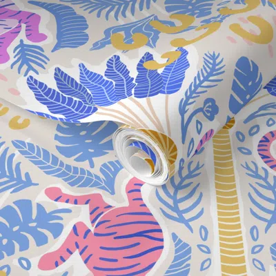 Spoonflower Pre-pasted Wallpaper Large Colorful Jungle Cats Tropical Tigers Cobalt Blue Goldfinch Yellow 2' X 12