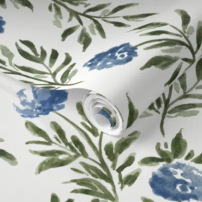 Spoonflower Pre-pasted Wallpaper Large - Darling Blue Hydrangea's - White - Watercolour Garden Florals 2' X 12' 