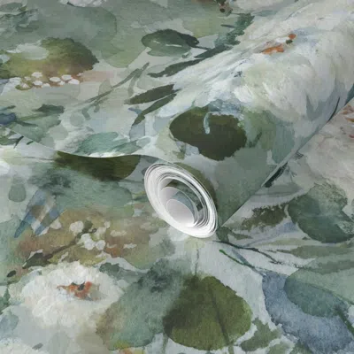 Spoonflower Pre-pasted Wallpaper Large - Delicately Painted Flowers For Garden Lovers In Green And Blue 2' X 12'