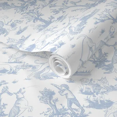 Spoonflower Pre-pasted Wallpaper Large Dog Park Toile De Jouy Pastel Blue And White 2' X 12' Removable