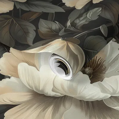 Spoonflower Pre-pasted Wallpaper Large - Dramatic Moody White Botanical Florals  - High Contrast 2' X 12' Remova