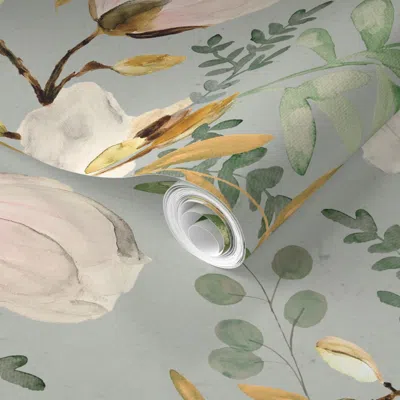 Spoonflower Pre-pasted Wallpaper Large Eucalyptus And Magnolia Flowers On Green / Watercolor  Removable