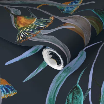 Spoonflower Pre-pasted Wallpaper Large Eucalyptus Flowers On Navy Blue Watercolor Teal Mauve Green Gold 2' X 12'