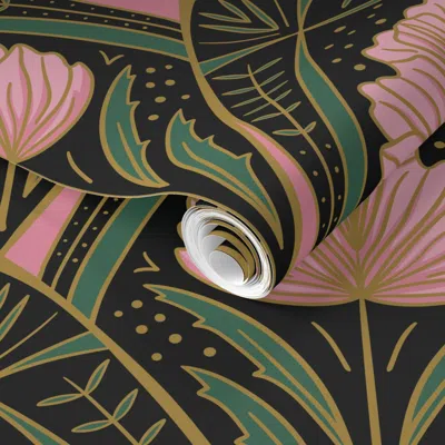 Spoonflower Pre-pasted Wallpaper Large- Geometric Arch Art Deco Peony Glamour- Pink- Black 2' X 12' Removable
