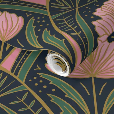 Spoonflower Pre-pasted Wallpaper Large- Geometric Arch Art Deco Peony Glamour- Pink- Deep Blue 2' X 12' Removabl