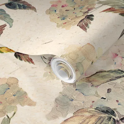 Spoonflower Pre-pasted Wallpaper Large Gold Cream Hydrangea Flowers Grandmillennial / Watercolor 2' X 12' Remova